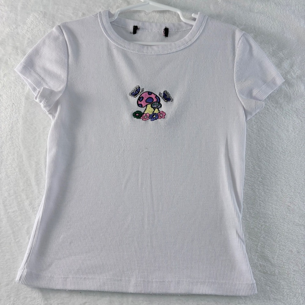 Y2K Baby Tee Ribbed White Mushroom Butterfly Embroidered Fitted Top Womens XS S